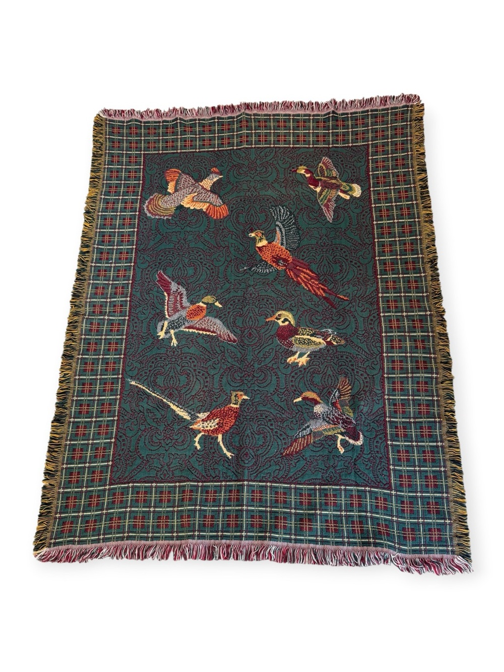 Vtg Goodwin Weavers Throw Blanket Plaid Pheasant Duck Hunting Lodge 50x70